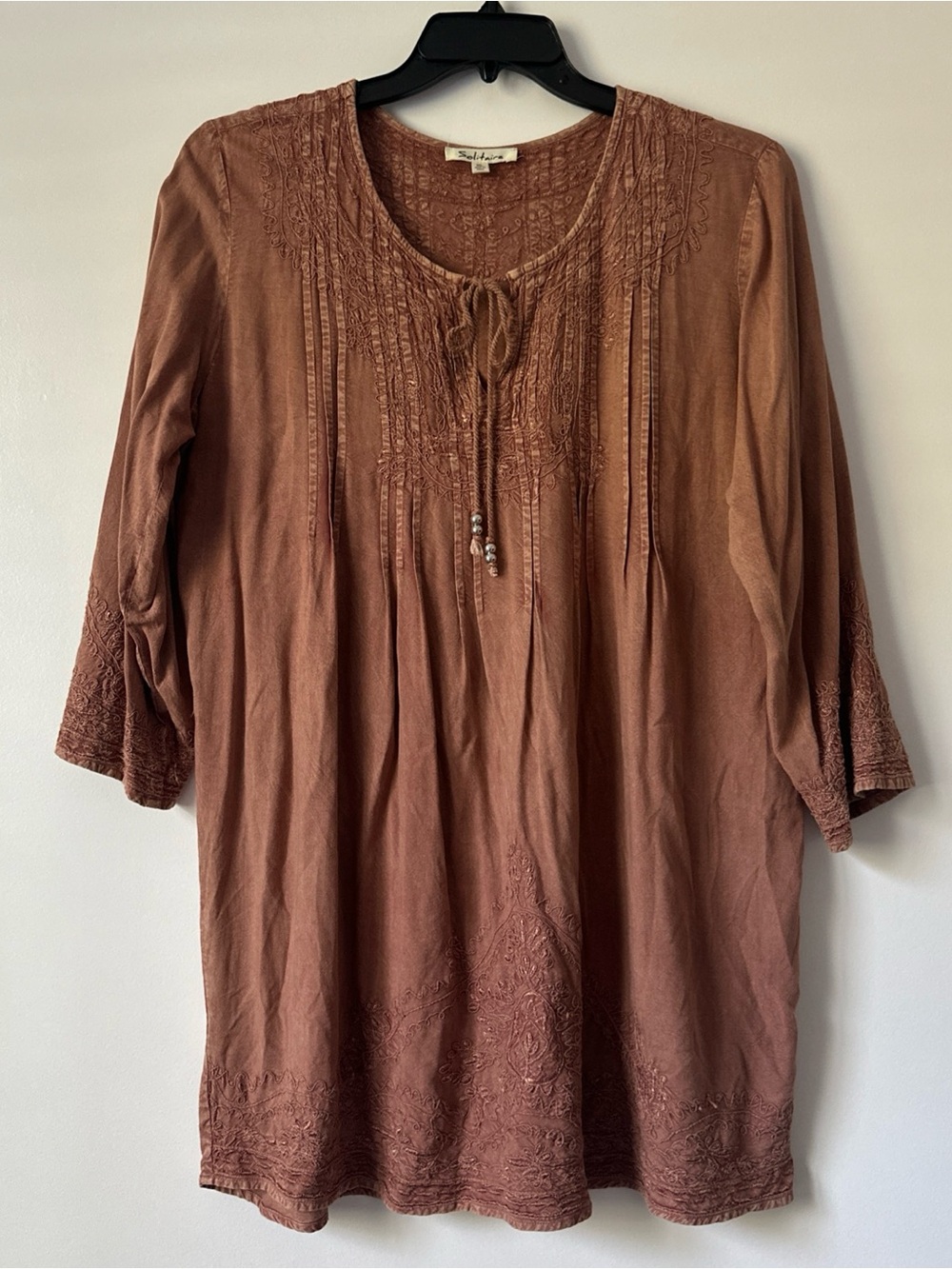 Solitaire Tunic Top 3/4 Sleeves Embroidered Women XL Burnt Brick Boho-Hippie